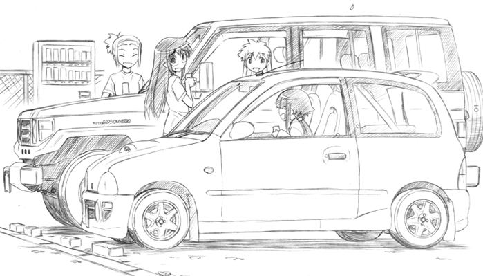 4girls antennae bangs bumper_car car chair character_request closed_eyes door driving eyelashes greyscale ground_vehicle hair_between_eyes happy jeep long_hair looking_at_another looking_to_the_side low_twintails monochrome motor_vehicle multiple_girls nakajima_rei open_mouth outdoors parked_car parking_lot ponytail shadow shirt short_sleeves sketch smile spiky_hair twintails vending_machine wheel window