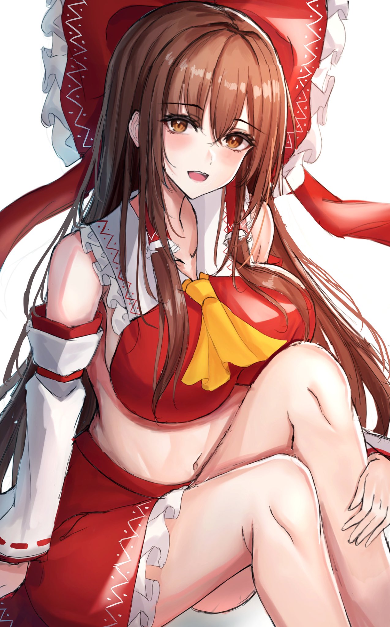 .me 1girl ascot bow brown_eyes brown_hair crop_top detached_sleeves frilled_bow frilled_hair_tubes frills hair_bow hair_tubes hakurei_reimu highres medium_hair midriff navel red_bow red_shirt red_skirt ribbon-trimmed_sleeves ribbon_trim shirt sidelocks simple_background skirt skirt_set smile solo touhou white_background wide_sleeves yellow_ascot