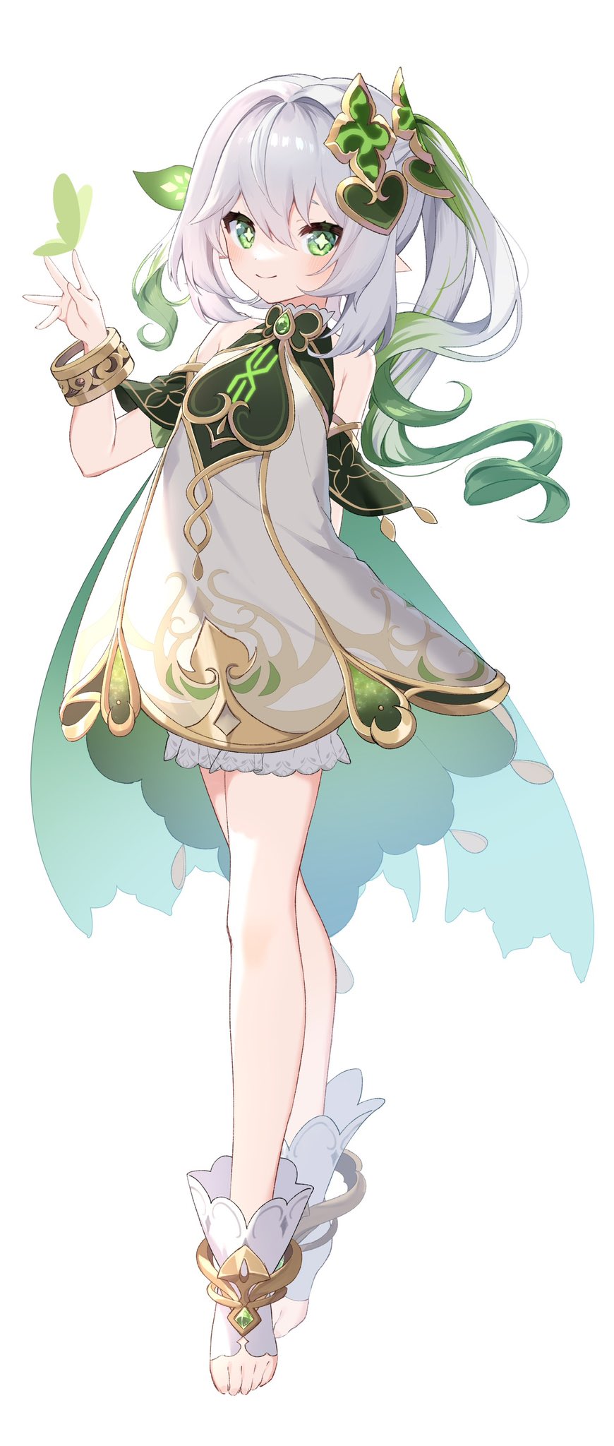 1girl bloomers blush cape cross-shaped_pupils dress female_child genshin_impact gradient_hair green_cape green_eyes green_sleeves hair_ornament highres leaf_hair_ornament long_hair looking_at_viewer mochizuki_mochi multicolored_hair nahida_(genshin_impact) pointy_ears shoulder_cape side_ponytail sleeveless sleeveless_dress smile solo stirrup_legwear toeless_footwear toeless_legwear underwear white_bloomers white_dress white_hair