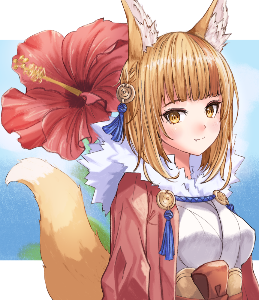 1girl animal_ear_fluff animal_ears bangs blue_sky blunt_bangs breasts brown_hair clothing_request commentary_request day eyelashes fang fire_emblem fire_emblem_fates flower fox_ears fox_tail fur_collar fuussu_(21-kazin) hair_ornament japanese_clothes letterboxed light_blush looking_at_viewer medium_breasts medium_hair multicolored_hair orange_hair orange_tail outdoors outside_border red_flower selkie_(fire_emblem) sky smile solo streaked_hair tail tail_raised two-tone_hair upper_body yellow_eyes