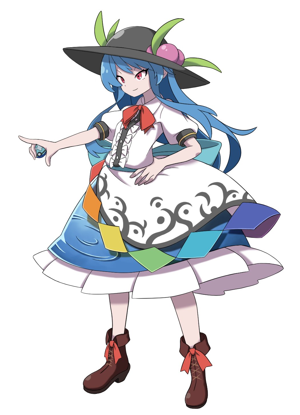 1girl apron black_headwear blouse blue_dress blue_hair boots bow bowtie brown_footwear buttons center_frills collared_shirt commentary_request dress footwear_ribbon frills full_body gogo_no_cochan hand_on_hip hat hat_bow highres hinanawi_tenshi long_hair peach_hat_ornament poke_ball puffy_short_sleeves puffy_sleeves rainbow_order red_bow red_bowtie red_eyes red_ribbon ribbon shirt short_sleeves simple_background solo touhou very_long_hair waist_apron wave_print white_apron white_background white_shirt
