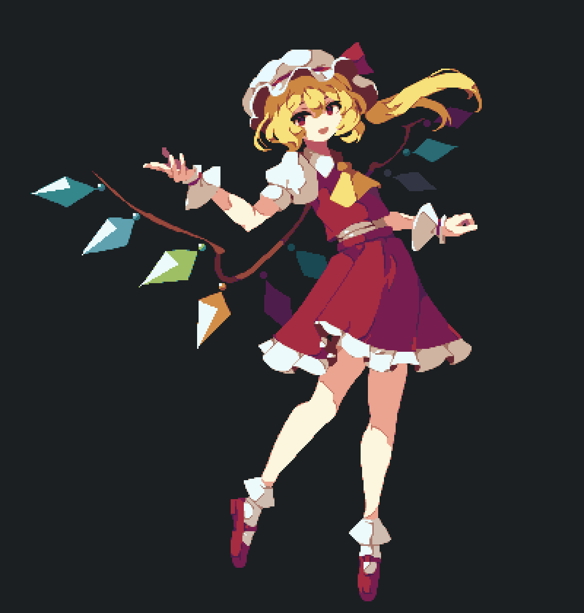 1girl 4qw5 black_background blonde_hair bobby_socks commentary crystal_wings flandre_scarlet frilled_headwear frilled_skirt frills full_body hat highres long_hair mary_janes mob_cap open_mouth pixel_art puffy_short_sleeves puffy_sleeves red_eyes red_footwear red_shirt red_skirt shirt shoes short_sleeves skirt smile socks solo touhou white_headwear white_sleeves white_socks wrist_cuffs