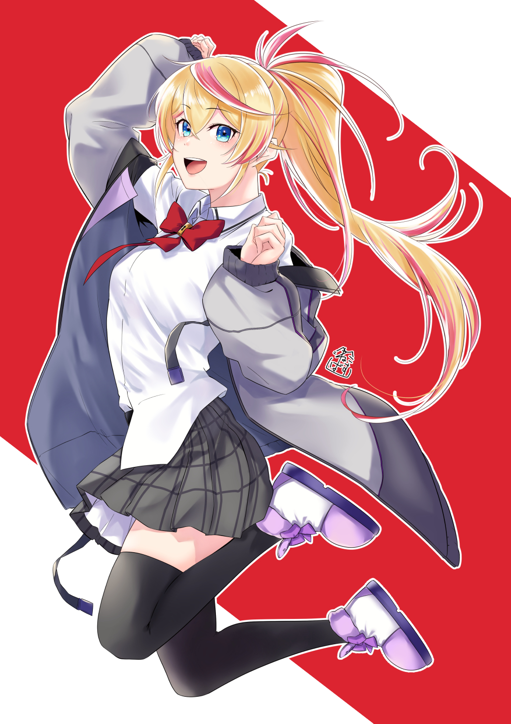 1girl :d akira_miku_ver bangs black_thighhighs blonde_hair blue_eyes bow bowtie coat collared_shirt dress_shirt floating_hair grey_coat grey_skirt hair_between_eyes highres long_hair miniskirt multicolored_hair open_clothes open_coat open_mouth original outline plaid plaid_skirt pleated_skirt ponytail red_background red_bow red_bowtie redhead school_uniform shirt skirt smile solo thigh-highs two-tone_background two-tone_hair very_long_hair white_background white_shirt wing_collar zettai_ryouiki