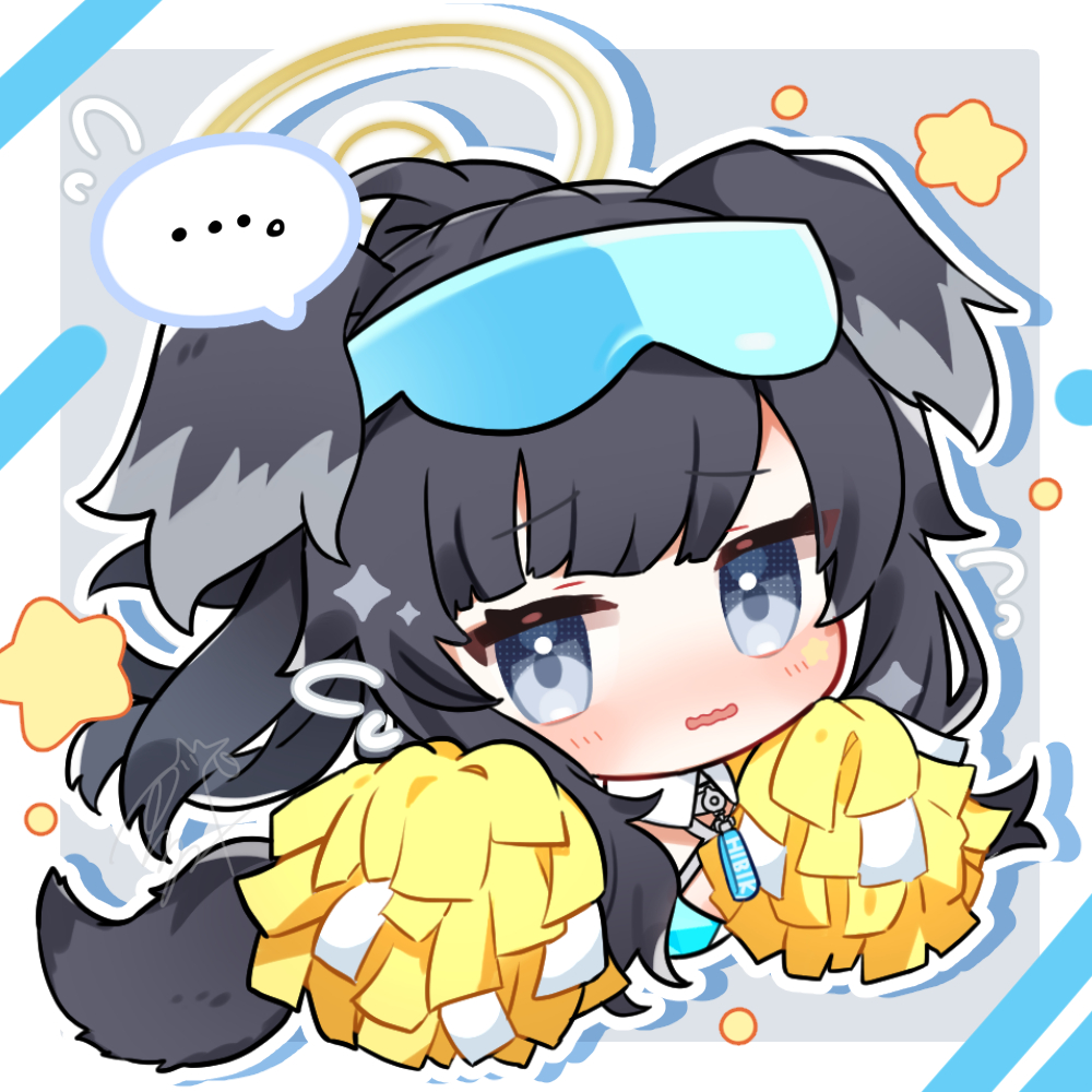 ... 1girl animal_ears black_hair blue_archive blue_eyes cheerleader dog_ears dog_girl eyewear_on_head flying_sweatdrops goggles goggles_on_head halo hibiki_(blue_archive) hibiki_(cheerleader)_(blue_archive) holding holding_pom_poms kashiwase_karune official_alternate_costume pom_pom_(cheerleading) skirt solo speech_bubble spoken_ellipsis star_sticker sticker_on_face violet_eyes white_skirt