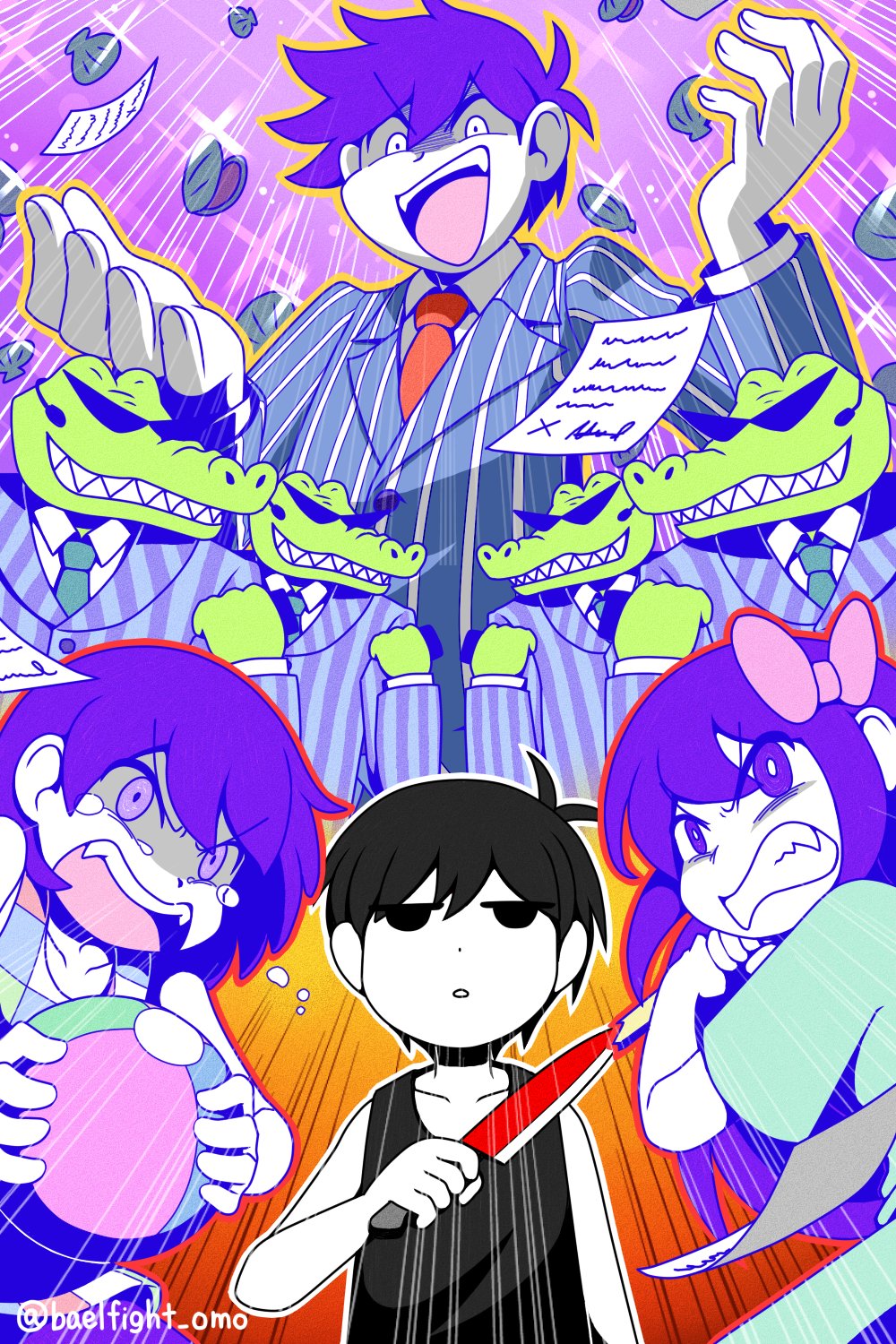 1girl 6+girls alligator angry aubrey_(omori) ball black_eyes black_hair bow bright_pupils clam clenched_teeth collarbone colored_skin crocodilian crying crying_with_eyes_open fangs gator_guy_(omori) hair_bow hero_(omori) highres holding holding_ball kel_(omori) long_hair long_sleeves looking_at_viewer miya_(baelfight) multiple_girls necktie omori omori_(omori) open_mouth paper parted_lips pink_bow purple_hair red_necktie short_hair sunglasses tank_top tears teeth twitter_username upper_teeth violet_eyes white_pupils white_skin
