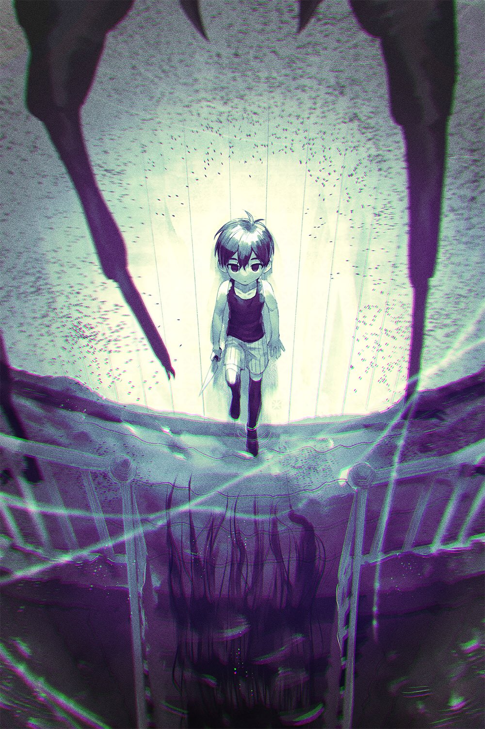 1boy black_eyes black_hair black_thighhighs closed_mouth collarbone colored_skin cookiemushari expressionless from_above highres holding holding_knife knife looking_away omori omori_(omori) short_hair solo something_(omori) something_in_the_walls_(omori) something_in_the_water_(omori) spoilers tank_top thigh-highs white_skin