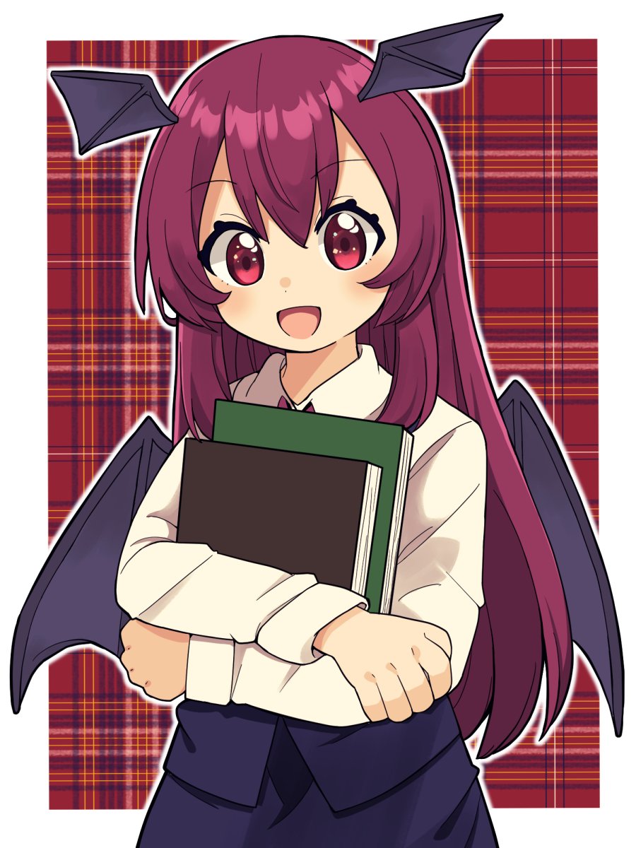 1girl bat_wings black_skirt black_vest book border collared_shirt demon_wings happy head_tilt head_wings highres holding holding_book koakuma long_hair long_sleeves looking_at_viewer necktie open_mouth plaid plaid_background red_background red_eyes red_necktie redhead shirt skirt skirt_set solo touhou vest white_border white_shirt wings yamase