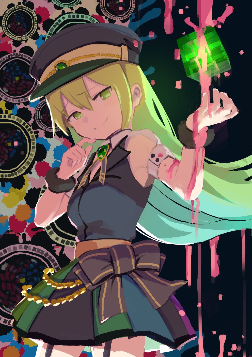 1girl alina_gray aqua_eyes black_bow black_headwear black_necktie black_vest blunt_ends bow brooch chain collar cross_tie detached_collar doppel_(madoka_magica) fur_cuffs gem green_gemstone green_hair hair_between_eyes hair_rings hat highres jewelry lapels long_hair magia_record:_mahou_shoujo_madoka_magica_gaiden magical_girl mahou_shoujo_madoka_magica miniskirt multicolored_clothes multicolored_hair multicolored_skirt necktie notched_lapels old_dorothy peaked_cap pleated_skirt puffy_short_sleeves puffy_sleeves samidare_(hoshi) see-through see-through_sleeves short_sleeves sidelocks skirt sleeve_cuffs smile smug solo straight_hair streaked_hair striped striped_skirt v-neck vertical-striped_skirt vertical_stripes very_long_hair vest waist_bow white_collar white_sleeves