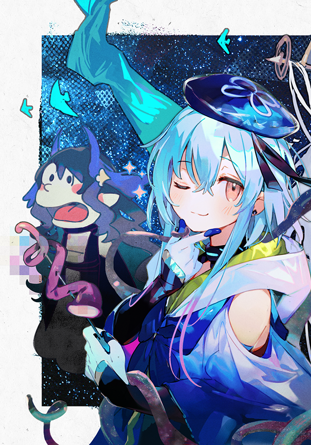 1boy 1girl arknights blue_cloak blue_hair blue_headwear blue_ribbon choker cloak clothing_cutout doraemon hands_on_own_chin hat hat_ribbon highmore_(arknights) horns mizuki_(arknights) namie-kun otoko_no_ko parody ribbon short_hair_with_long_locks shoulder_cutout smile surprised tentacles violet_eyes