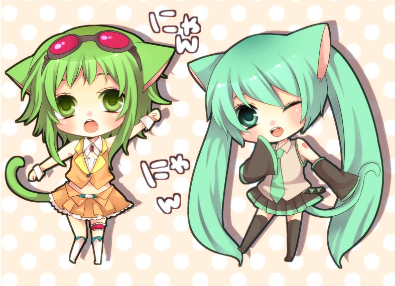 2girls :o animal_ears arm_up bangs belt blue_eyes blue_hair blush bridal_garter brooch cat_ears cat_girl cat_tail chibi collared_shirt detached_sleeves goggles goggles_on_head green_eyes green_hair gumi hatsune_miku izumi_chiro jewelry long_hair long_sleeves multiple_girls open_mouth shirt sleeveless sleeveless_shirt sleeves_past_wrists smile tail thigh-highs twintails very_long_hair vocaloid wrist_cuffs