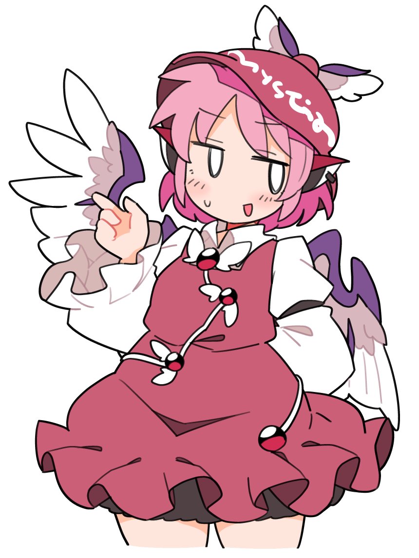 1girl animal_ears bird_ears bird_wings blush brown_dress brown_headwear clothes_writing cowboy_shot cropped_legs dress earrings frilled_sleeves frills hat index_finger_raised ini_(inunabe00) jewelry long_sleeves mystia_lorelei open_mouth pink_hair short_hair simple_background single_earring solo touhou white_background white_wings wide_sleeves winged_hat wings