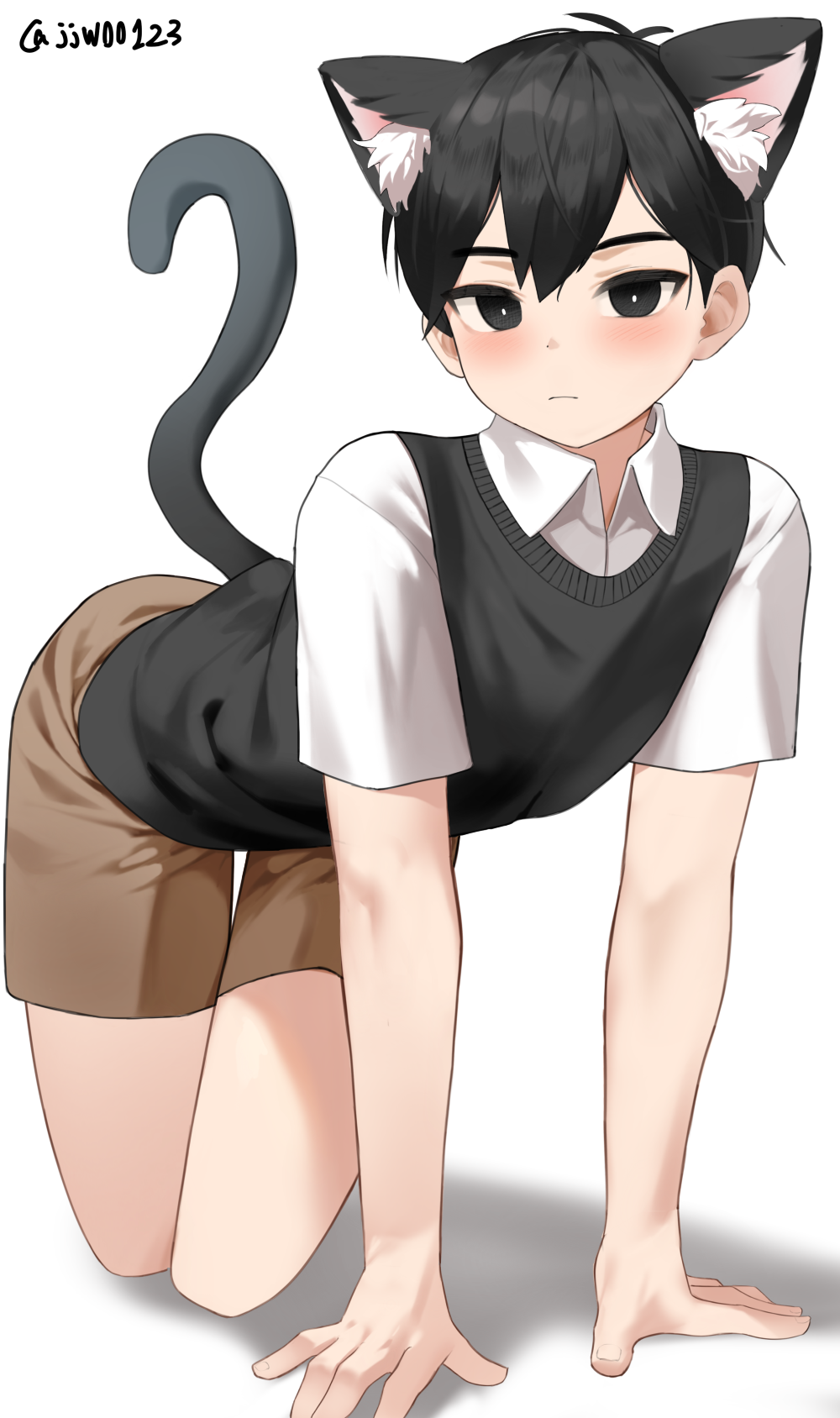 1boy all_fours animal_ears black_eyes black_hair black_sweater_vest blush bright_pupils brown_shorts cargo_shorts cat_boy cat_ears cat_tail closed_mouth collared_shirt highres jjw1029 looking_at_viewer omori shirt short_hair short_sleeves shorts solo sunny_(omori) sweater_vest tail twitter_username white_pupils white_shirt