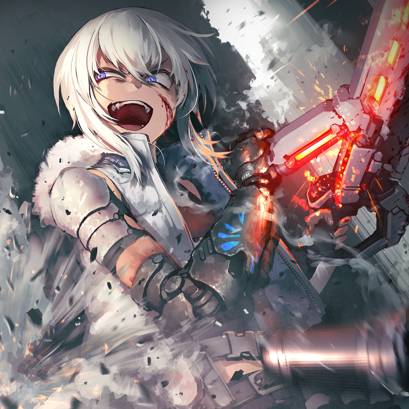 1boy belt chain_paradox commentary_request commission debris fang fur_trim hetza_(hellshock) holding holding_weapon long_hair mechanical_arms open_mouth shoulder_pads single_mechanical_arm smile solo upper_body vest weapon white_hair white_vest