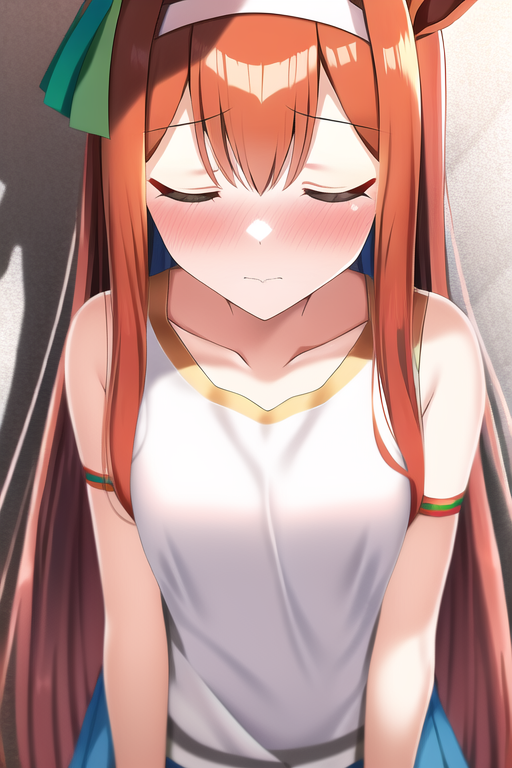 1girl alternate_costume bangs blush breasts closed_eyes collarbone commentary_request hair_between_eyes hair_ornament long_hair orange_hair shadow shirt silence_suzuka_(umamusume) small_breasts solo umamusume user_pntm7388 wall white_shirt