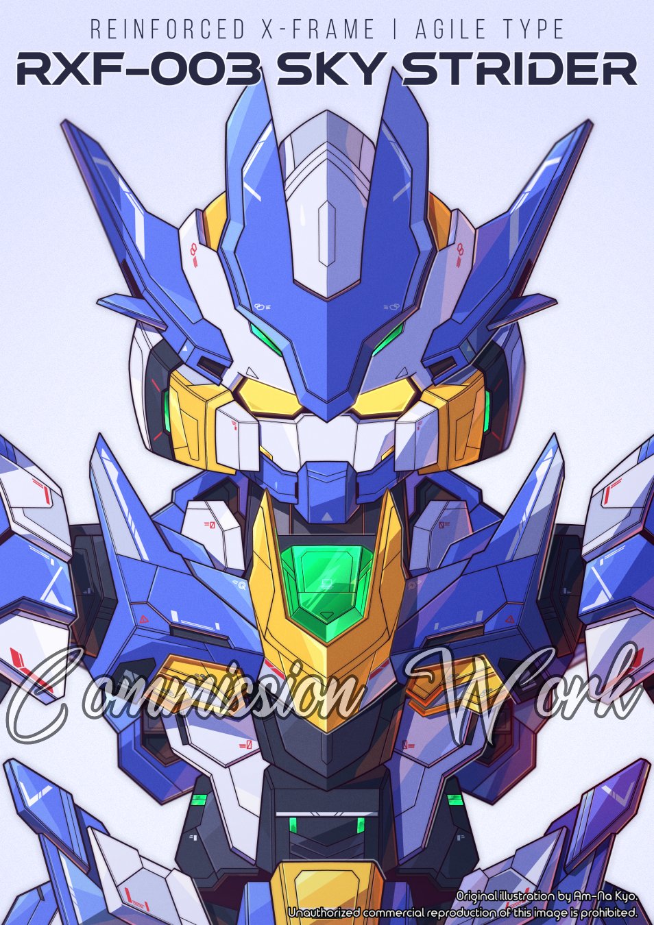 azzalea blue_background character_name commission english_commentary evogear:_unleashed highres looking_at_viewer mecha no_humans robot science_fiction sky_strider solo straight-on upper_body watermark yellow_eyes