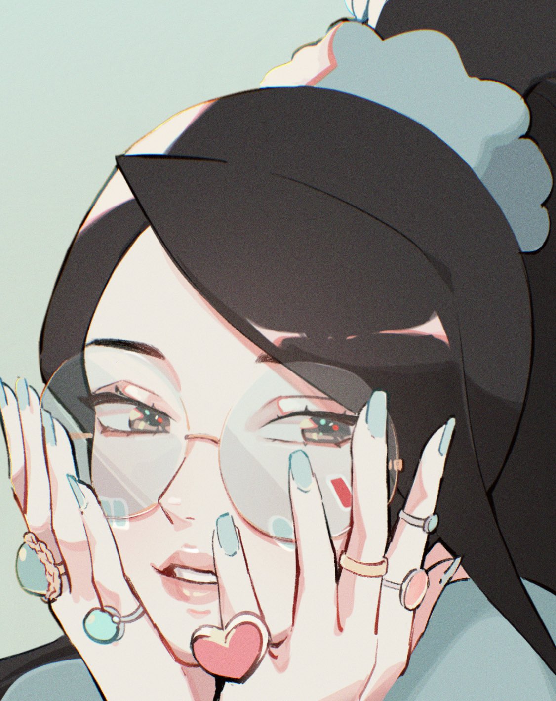 1girl animification bangs black_hair blue_background brown_eyes english_commentary glasses highres hyoon_(sockgyu) jewelry looking_at_viewer looking_to_the_side multiple_rings parted_lips ponytail portrait ring round_eyewear sage_(valorant) solo swept_bangs valorant