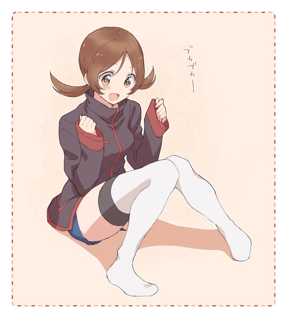1girl bad_id bad_twitter_id blush brown_eyes brown_hair clenched_hands cosplay jacket long_sleeves lyra_(pokemon) open_mouth pokemon pokemon_(game) pokemon_hgss silver_(pokemon) silver_(pokemon)_(cosplay) sitting smile solo thigh-highs twintails yairo_(sik_s4)