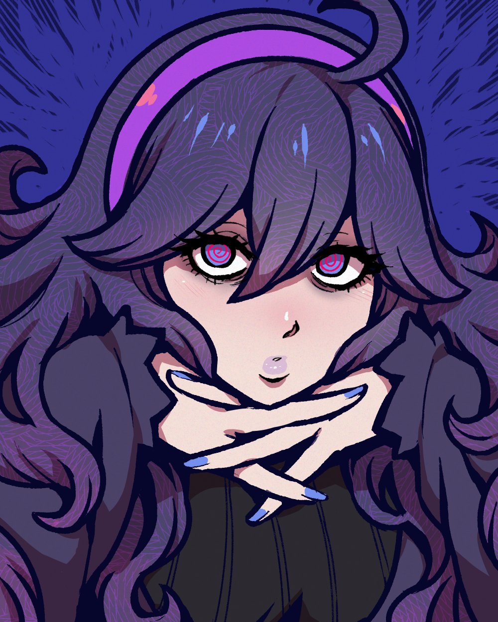 1girl @_@ ahoge akairiot bags_under_eyes bangs blue_nails commentary hair_between_eyes hairband hex_maniac_(pokemon) highres light_blush long_hair long_sleeves looking_at_viewer messy_hair pokemon pokemon_(game) pokemon_xy purple_hair purple_hairband purple_lips pursed_lips sleeves_past_wrists solo symbol-only_commentary violet_eyes