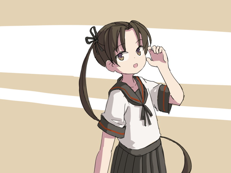 1girl ayanami_(kancolle) black_sailor_collar black_skirt brown_hair brown_neckerchief cowboy_shot english_commentary kantai_collection long_hair neckerchief one-hour_drawing_challenge pleated_skirt sailor_collar school_uniform serafuku side_ponytail sixten skirt solo two-tone_background