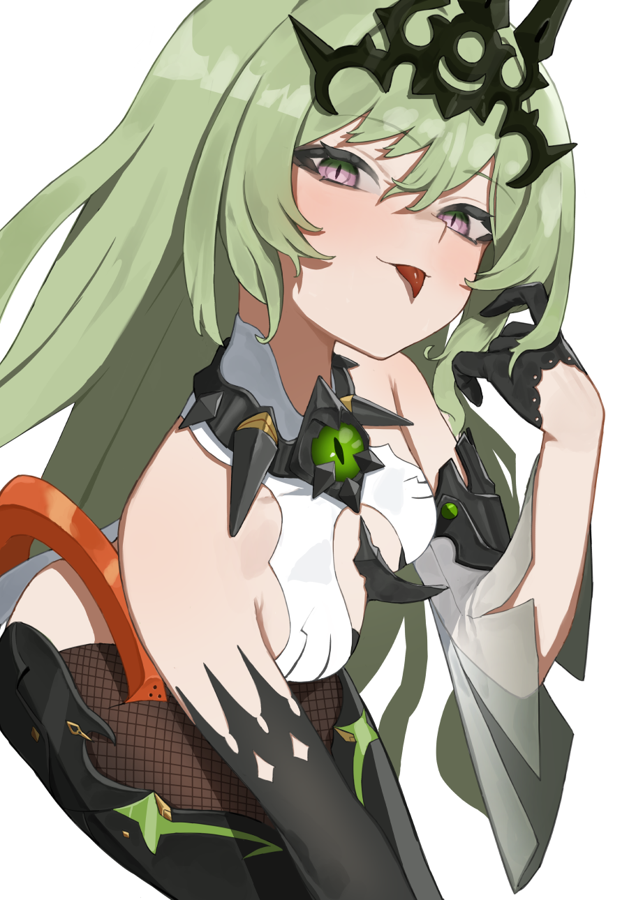 1girl asymmetrical_gloves bangs bare_shoulders black_dress black_gloves closed_mouth crown dress flasso forked_tongue gloves green_hair highres honkai_(series) honkai_impact_3rd leaning_forward long_hair looking_at_viewer mismatched_gloves mobius_(honkai_impact) simple_background single_sleeve smile solo tongue tongue_out violet_eyes white_background
