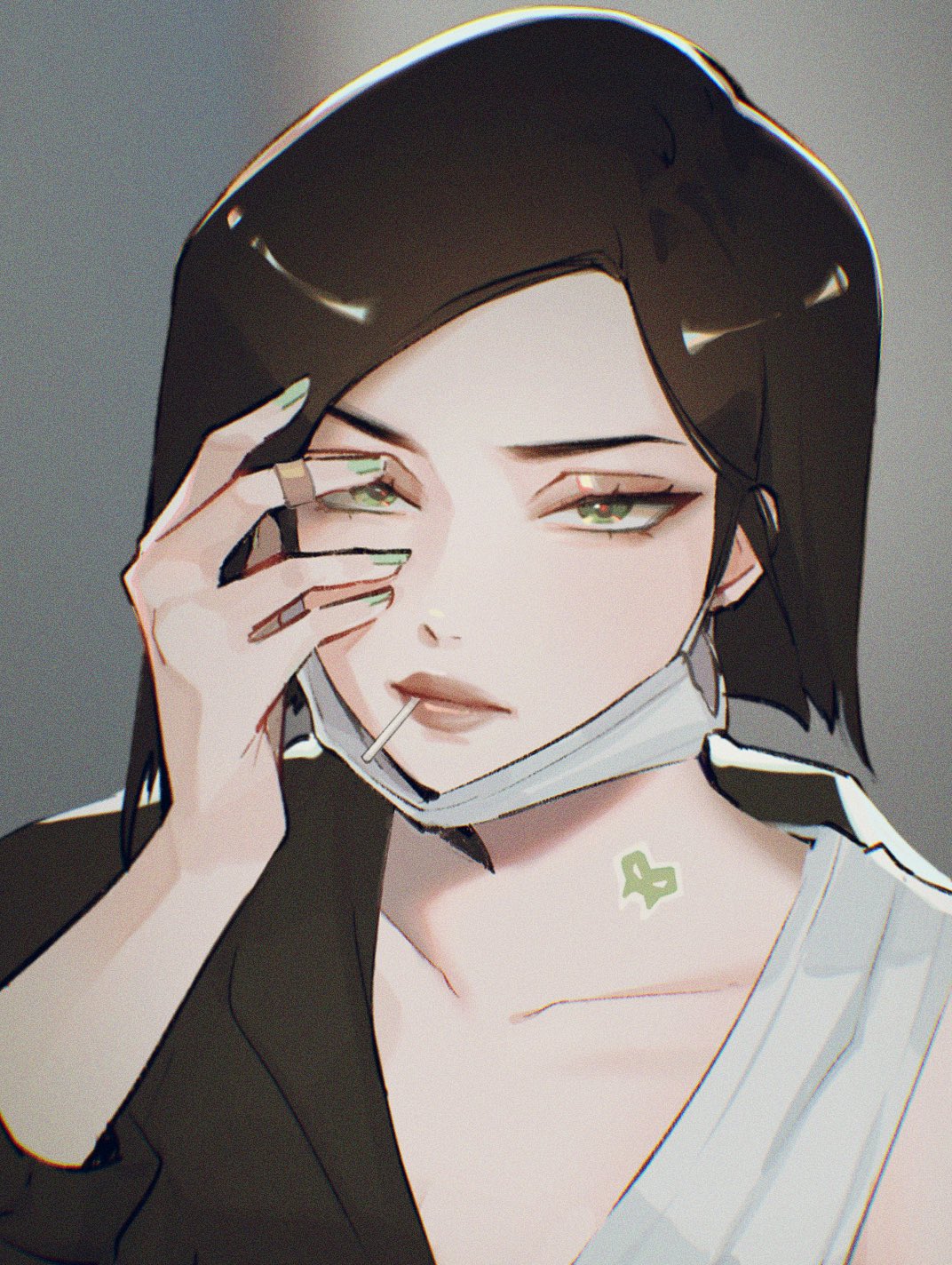 1girl animification black_hair black_jacket collarbone english_commentary green_eyes green_nails grey_background head_tilt highres hyoon_(sockgyu) jacket jewelry looking_at_viewer mask mouth_mask off_shoulder portrait ring short_hair solo sticker surgical_mask tank_top valorant viper_(valorant) white_tank_top