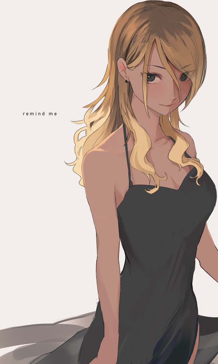 black_dress black_eyes blonde_hair brown_hair dark_skin dress duplicate english_text engrish_text eyes_visible_through_hair gradient_hair gyaru highres holding holding_clothes idolmaster idolmaster_shiny_colors izumi_mei light_smile long_hair looking_at_viewer multicolored_hair pixel-perfect_duplicate ranguage sawarakajin white_background