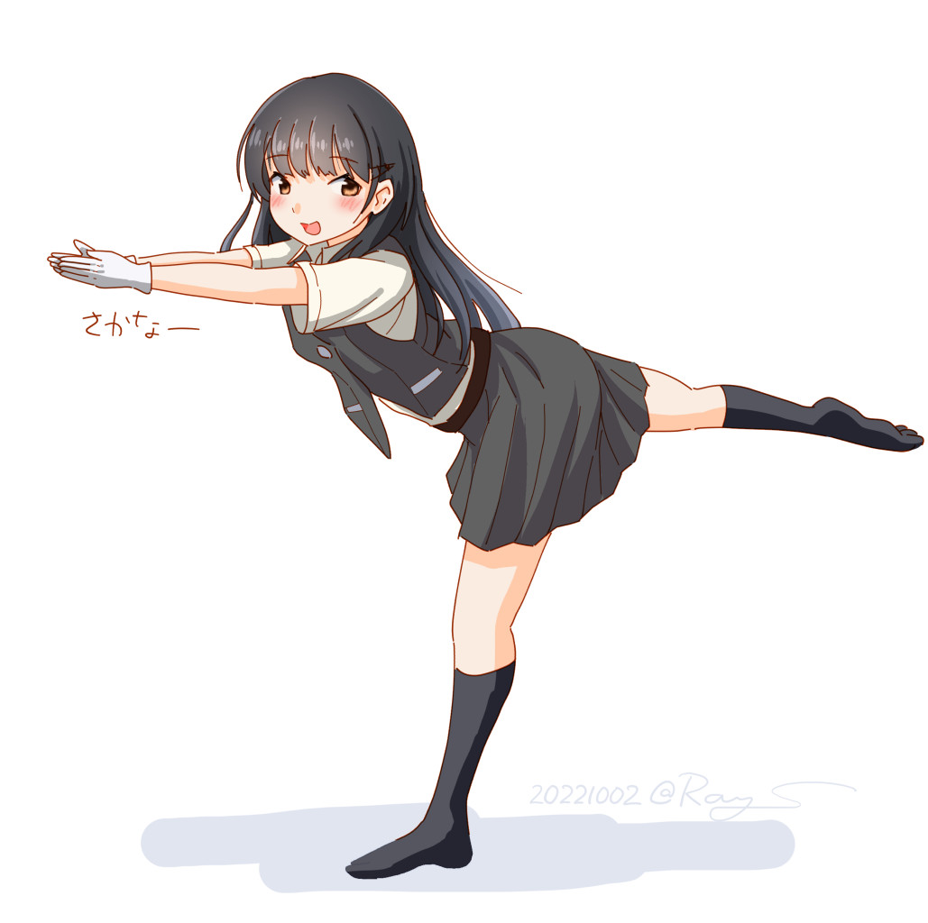 1girl black_hair black_skirt black_socks black_vest blue_ribbon commentary_request full_body gloves hayashio_(kancolle) kantai_collection leaning_forward long_hair meme one-hour_drawing_challenge own_hands_together pleated_skirt ray.s red_eyes ribbon sakana~_(meme) shirt simple_background skirt socks solo standing standing_on_one_leg vest white_background white_gloves white_shirt