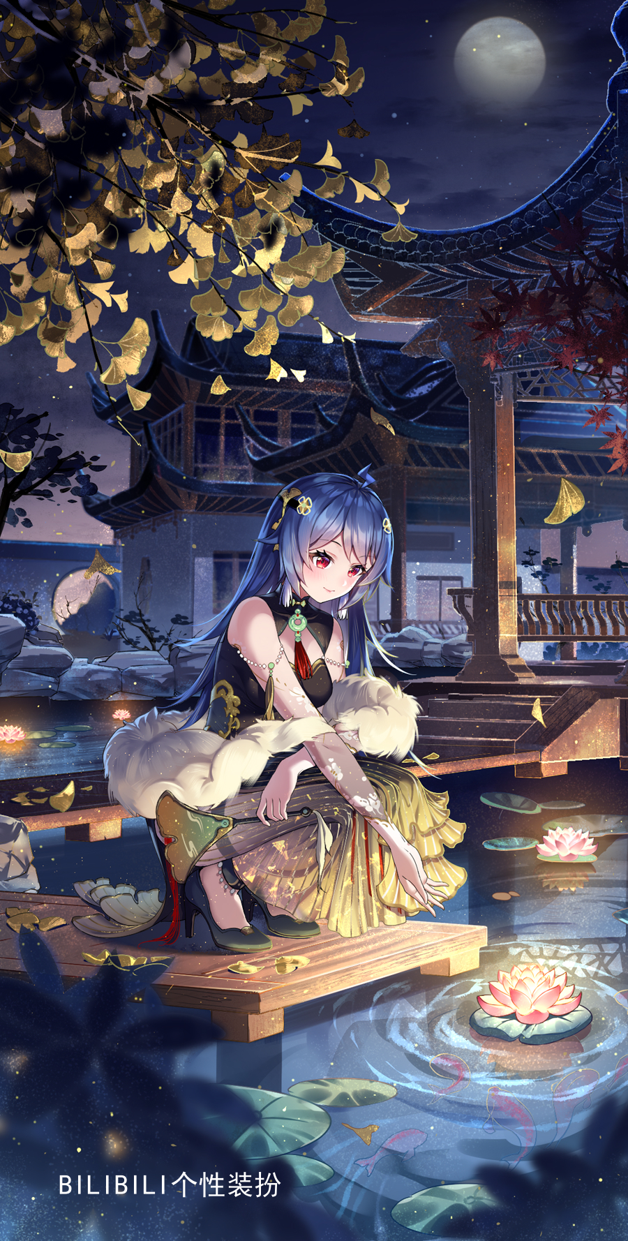 1girl architecture bili_girl_22 bilibili black_footwear blush china_dress chinese_clothes commentary_request detached_sleeves dress east_asian_architecture egasumi fireflies flower fur_shawl ginkgo ginkgo_leaf gradient_dress gradient_sleeves hair_ornament hand_fan high_heels highres holding holding_fan kneeling koi leaf leaf_hair_ornament lily_pad lipstick lotus makeup paper_fan pond sannio see-through see-through_sleeves shawl solo uchiwa