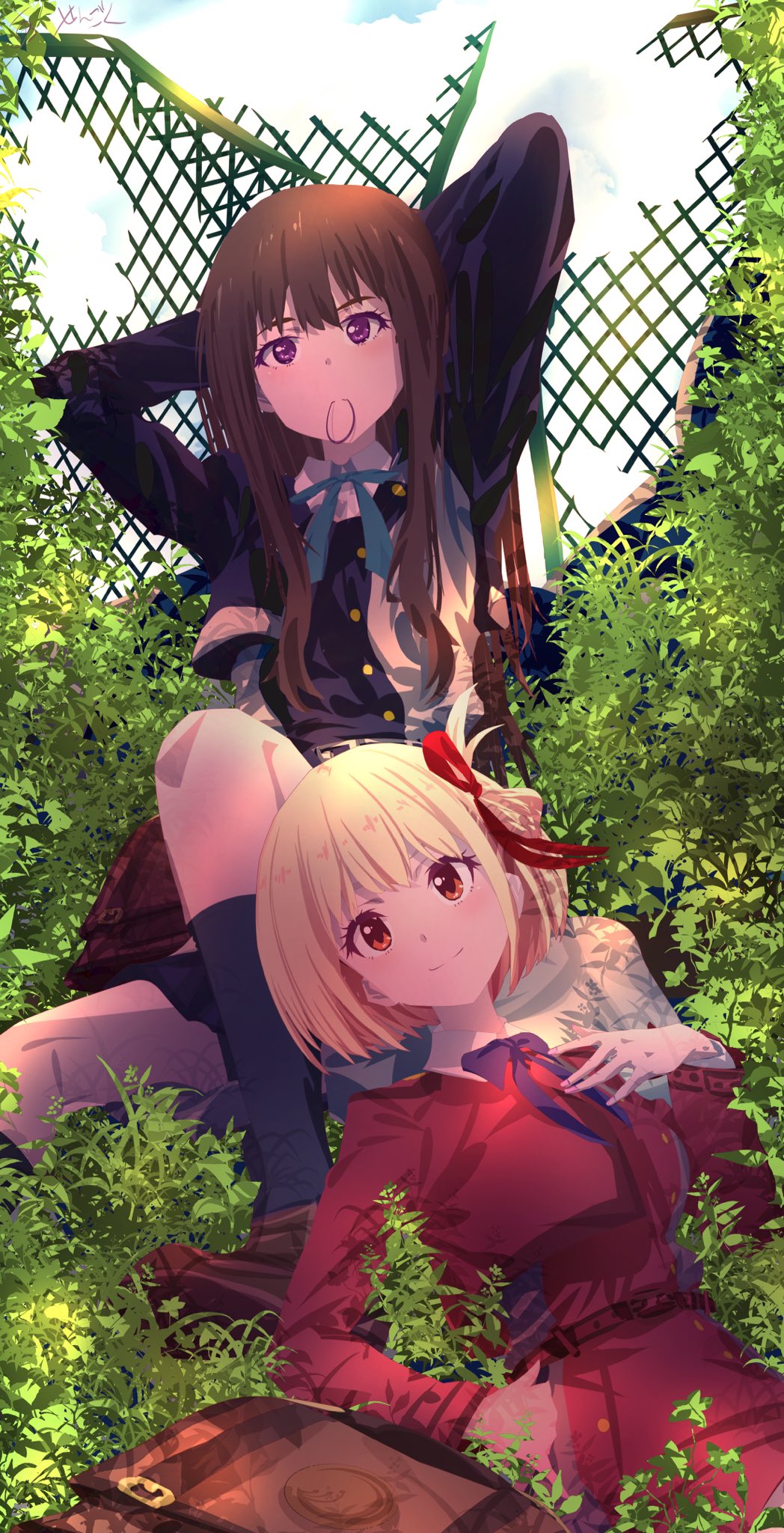 2girls arms_behind_head backpack bag bangs belt black_hair blonde_hair blue_dress blue_ribbon bob_cut broken broken_fence brown_footwear chain-link_fence clouds collared_shirt day dress fence grass green_ribbon grey_dress hair_ribbon hair_tie hand_in_pocket hand_on_own_chest highres inoue_takina loafers long_hair long_sleeves lycoris_recoil lycoris_uniform mouth_hold multiple_girls neck_ribbon nishikigi_chisato on_person outdoors red_belt red_dress red_eyes red_ribbon resting ribbon sengoku_chidori shirt shoes short_hair smile two-tone_dress violet_eyes white_shirt
