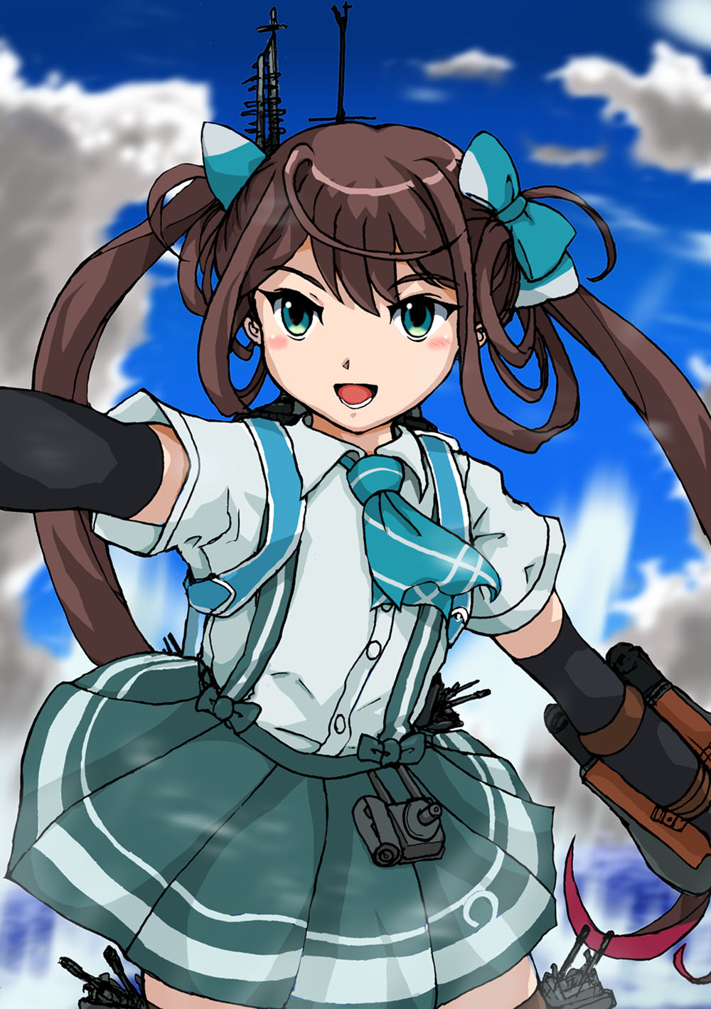 1girl arm_warmers asagumo_(kancolle) ascot blue_ascot blue_sky brown_hair clouds commentary_request cowboy_shot grey_eyes grey_skirt hair_ribbon highres kantai_collection long_hair machinery mutsuki_ken pleated_skirt ribbon shirt short_sleeves skirt sky solo suspender_skirt suspenders translation_request twintails white_shirt