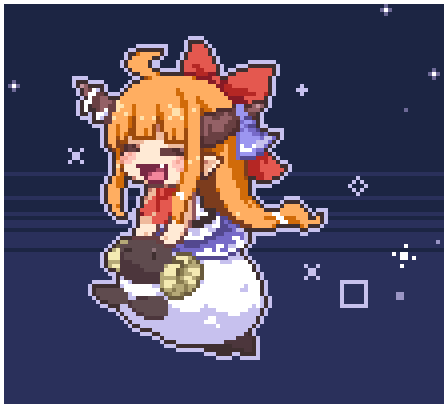 1girl ahoge bow closed_eyes fang full_body hair_bow horn_ornament horn_ribbon horns ibuki_suika kumamoto_(bbtonhk2) long_hair low-tied_long_hair lowres open_mouth orange_hair pixel_art pointy_ears purple_skirt red_bow ribbon sheep sitting_on_animal skirt sky sleeveless star_(sky) star_(symbol) starry_sky touhou