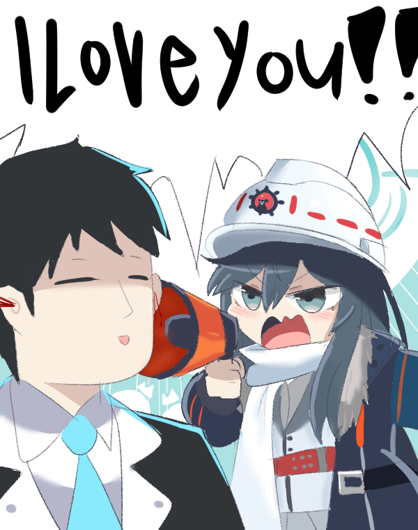 1boy 1girl bangs belt black_hair blue_archive blush commentary_request fur-trimmed_jacket fur_trim green_eyes grey_shirt hair_between_eyes halo hardhat helmet holding holding_megaphone jacket layered_clothes looking_at_another megaphone minori_(blue_archive) omo_(h98013114) open_mouth red_belt scarf sensei_(blue_archive) shirt shouting speech_bubble swept_bangs upper_body vest white_headwear white_scarf white_vest