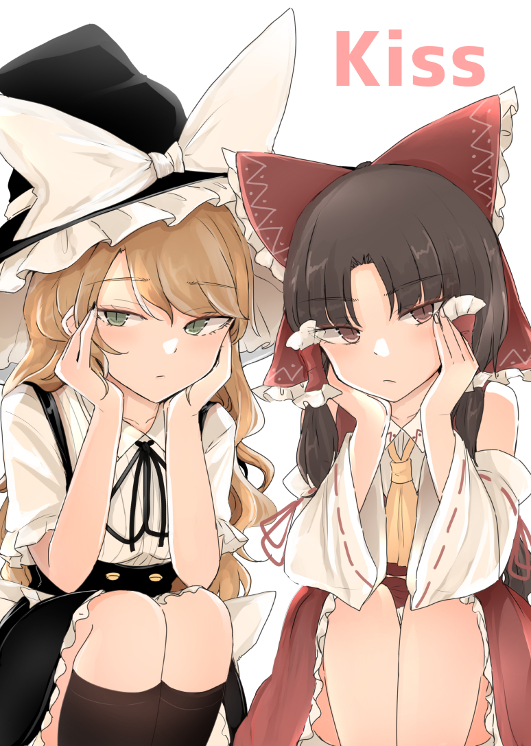 2girls :/ alternate_eye_color ascot black_dress black_headwear black_ribbon black_socks blonde_hair bow braid brown_eyes brown_hair buttons collared_shirt detached_sleeves dress frilled_bow frilled_hair_tubes frilled_shirt_collar frilled_skirt frills green_eyes hair_bow hair_tubes hakurei_reimu hat head_on_hand kirisame_marisa kneehighs long_hair multiple_girls neck_ribbon necro_(nekurodayo) red_bow red_shirt red_skirt ribbon ribbon-trimmed_sleeves ribbon_trim shirt short_hair sidelocks simple_background single_braid sitting skirt skirt_set sleeveless sleeveless_shirt socks touhou white_background white_shirt white_sleeves wide_sleeves witch_hat yellow_ascot