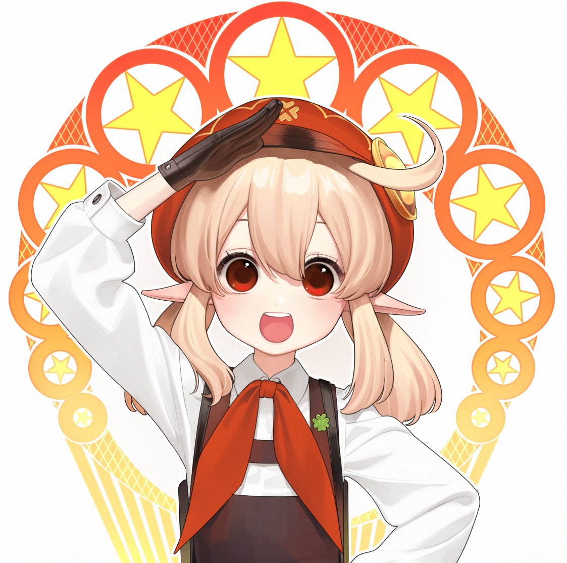 1girl abbystea alternate_costume bangs blonde_hair brown_gloves cabbie_hat clover collared_shirt communism cowlick four-leaf_clover genshin_impact gloves hair_between_eyes hat klee_(genshin_impact) long_sleeves low_twintails medium_hair neckerchief overalls pioneer_neckerchief pointy_ears red_eyes red_headwear red_neckerchief russian_commentary salute shirt sidelocks solo soviet_pioneer star_(symbol) twintails upper_body white_background white_shirt