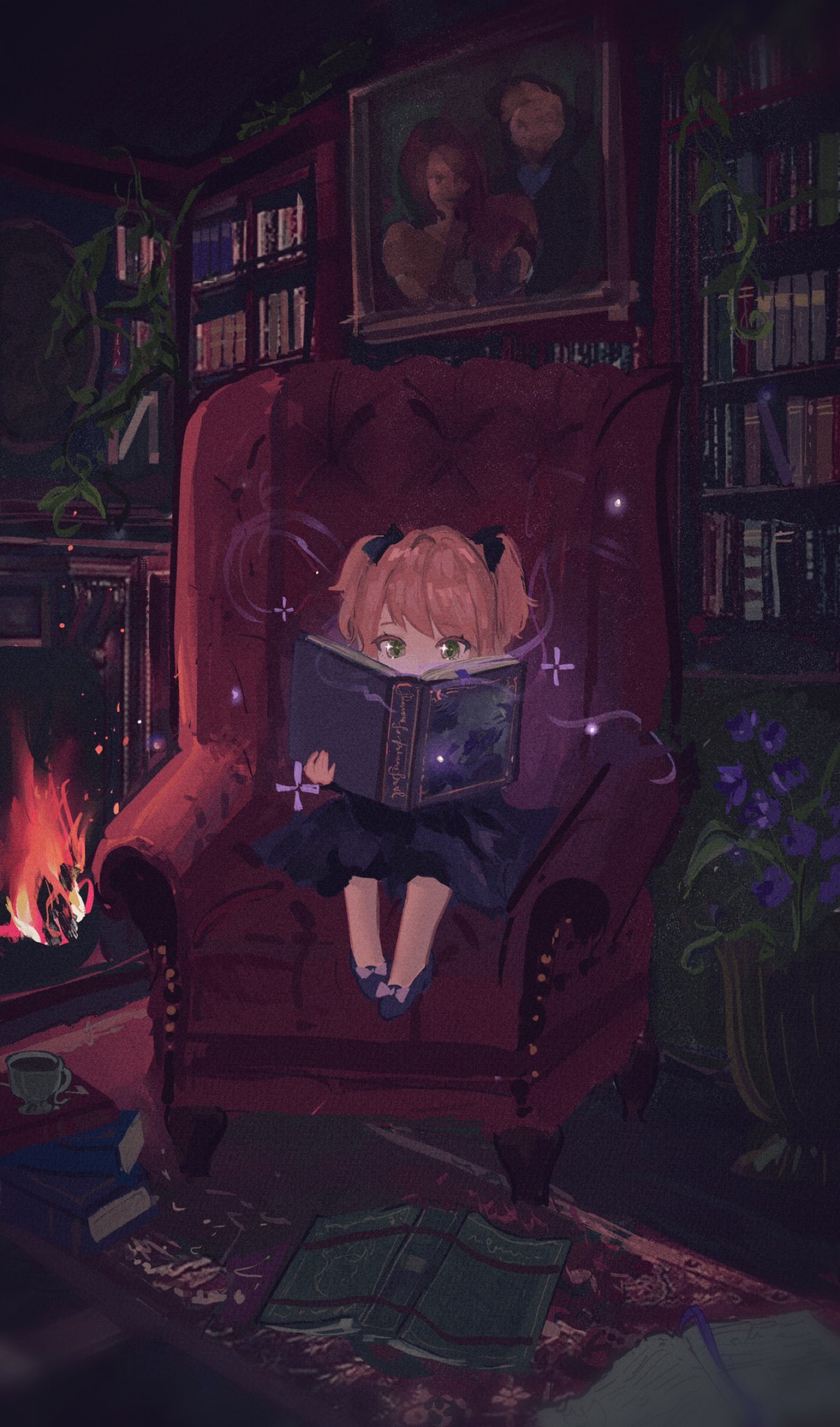 1girl aged_down armchair black_bow black_dress black_footwear blonde_hair book bow chair commentary covered_mouth dress english_commentary fire fireplace fischl_(genshin_impact) flower genshin_impact green_eyes hair_bow highres holding holding_book indoors kiwiiri multicolored_hair on_chair open_book photo_(object) picture_frame purple_flower shoes solo two-tone_hair