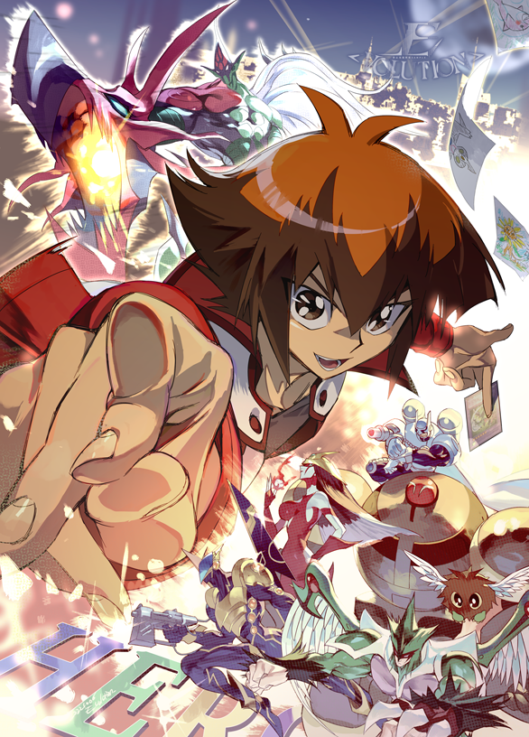 1boy backlighting bangs black_shirt brown_eyes brown_hair card chrysalis_dolphin cityscape cropped_torso dandylion duel_academy_uniform_(yu-gi-oh!_gx) duel_monster e_volution elemental_hero_avian elemental_hero_bubbleman elemental_hero_burstinatrix elemental_hero_clayman elemental_hero_flame_wingman elemental_hero_neos elemental_hero_sparkman foreshortening gotcha hair_between_eyes holding holding_card incoming_attack jacket long_sleeves looking_at_viewer male_focus multicolored_hair open_clothes open_jacket painting_(object) perspective pointing pointing_at_viewer pointing_weapon red_jacket shirt short_hair solo_focus two-tone_hair wind winged_kuriboh yu-gi-oh! yu-gi-oh!_gx yuuki_juudai