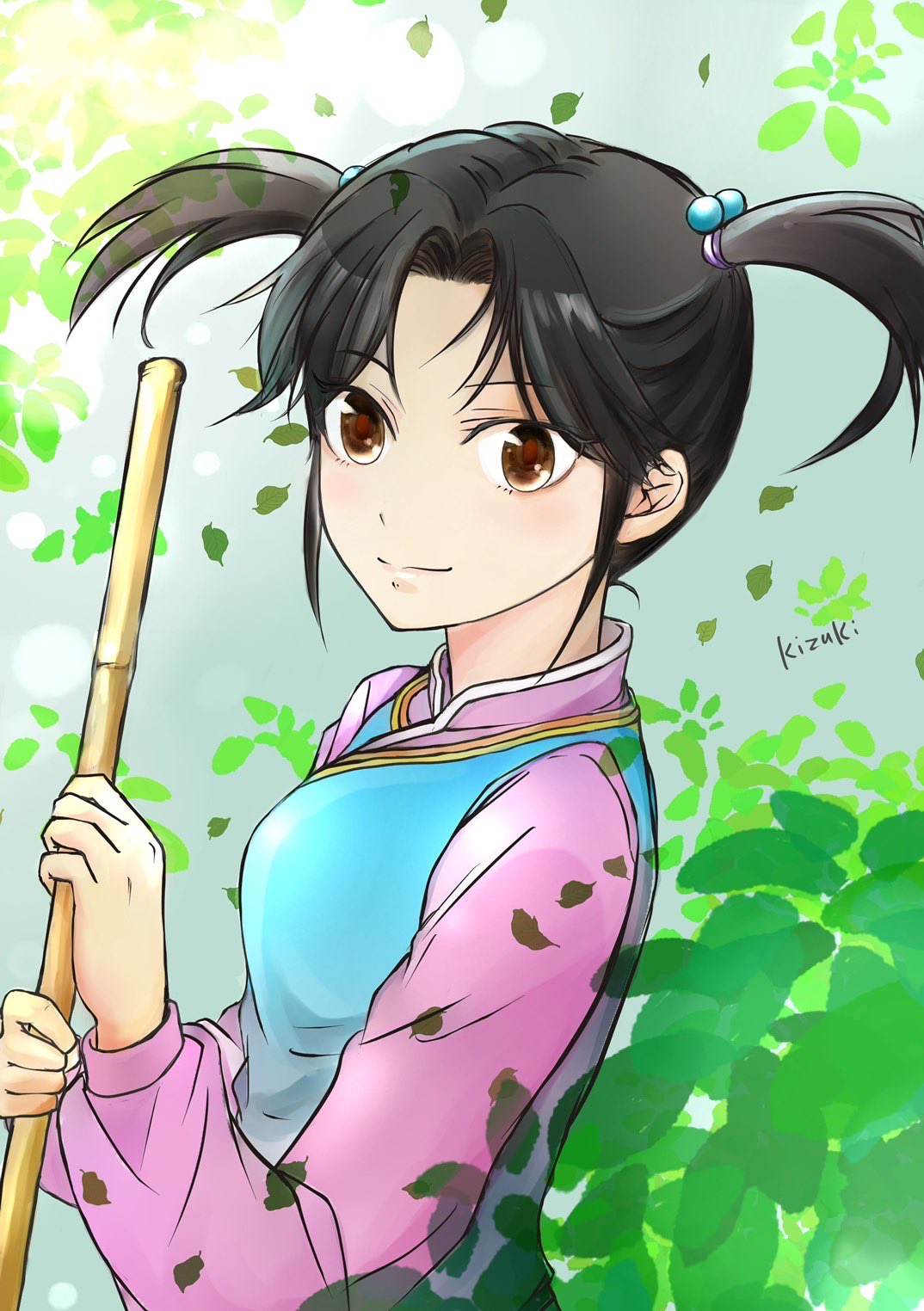 1girl bangs black_hair blue_vest blush breasts broom brown_eyes china_dress chinese_clothes closed_mouth dress falling_leaves highres holding holding_broom kizuki96 leaf lens_flare long_sleeves looking_at_viewer medium_breasts parted_bangs pink_dress pink_sleeves shenmue shenmue_the_animation signature smile solo twintails vest xun_fang_mei