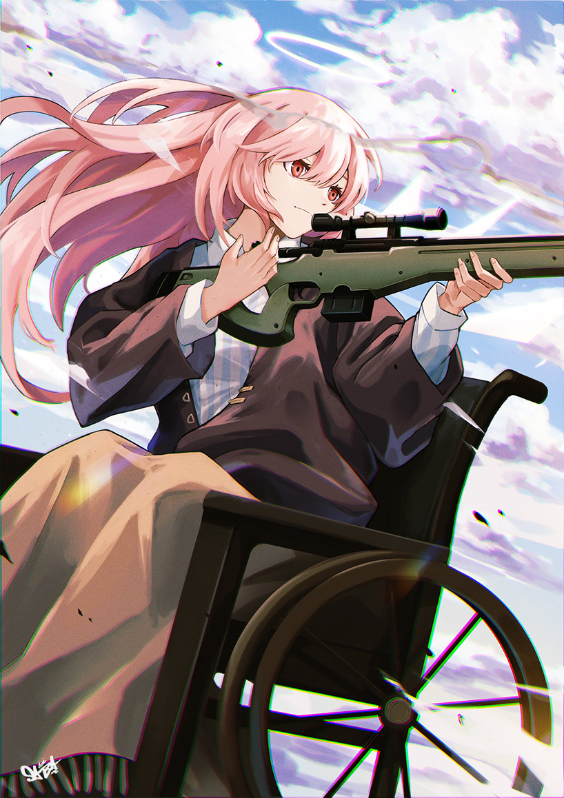 1girl arknights black_jacket blanket closed_mouth day detached_wings energy_wings floating_hair gun halo holding holding_gun holding_weapon jacket lemuen_(arknights) long_hair long_sleeves looking_away looking_to_the_side open_clothes open_jacket outdoors peppsi_(saba_sabasuk0) pink_hair red_eyes rifle shirt signature sitting smile sniper_rifle solo striped striped_shirt vertical-striped_shirt vertical_stripes very_long_hair weapon wheelchair wind wings