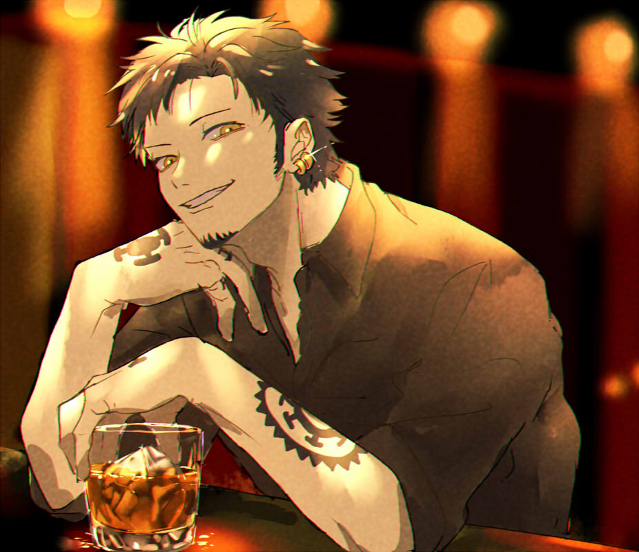 1boy alcohol arm_tattoo black_hair black_shirt chizuko_(chiduk0) cup drinking_glass earrings facial_hair glass grin hair_slicked_back hand_on_own_cheek hand_on_own_face hand_tattoo head_rest holding holding_cup indoors jewelry male_focus one_piece shirt sleeves_rolled_up smile solo tattoo trafalgar_law yellow_eyes