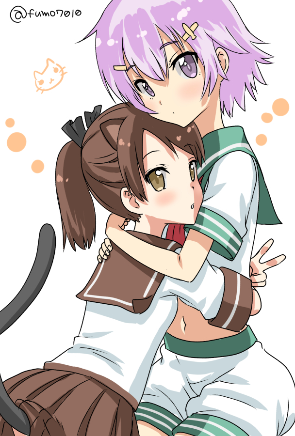 2girls animal_ears aqua_sailor_collar brown_eyes brown_hair brown_sailor_collar brown_skirt cat_ears cat_tail cowboy_shot hug kantai_collection kujira_naoto looking_at_viewer midriff multiple_girls neckerchief pink_hair ponytail red_eyes red_neckerchief sailor_collar school_uniform serafuku shikinami_(kancolle) shirt short_hair shorts skirt tail tama_(kancolle) v white_background white_shirt white_shorts