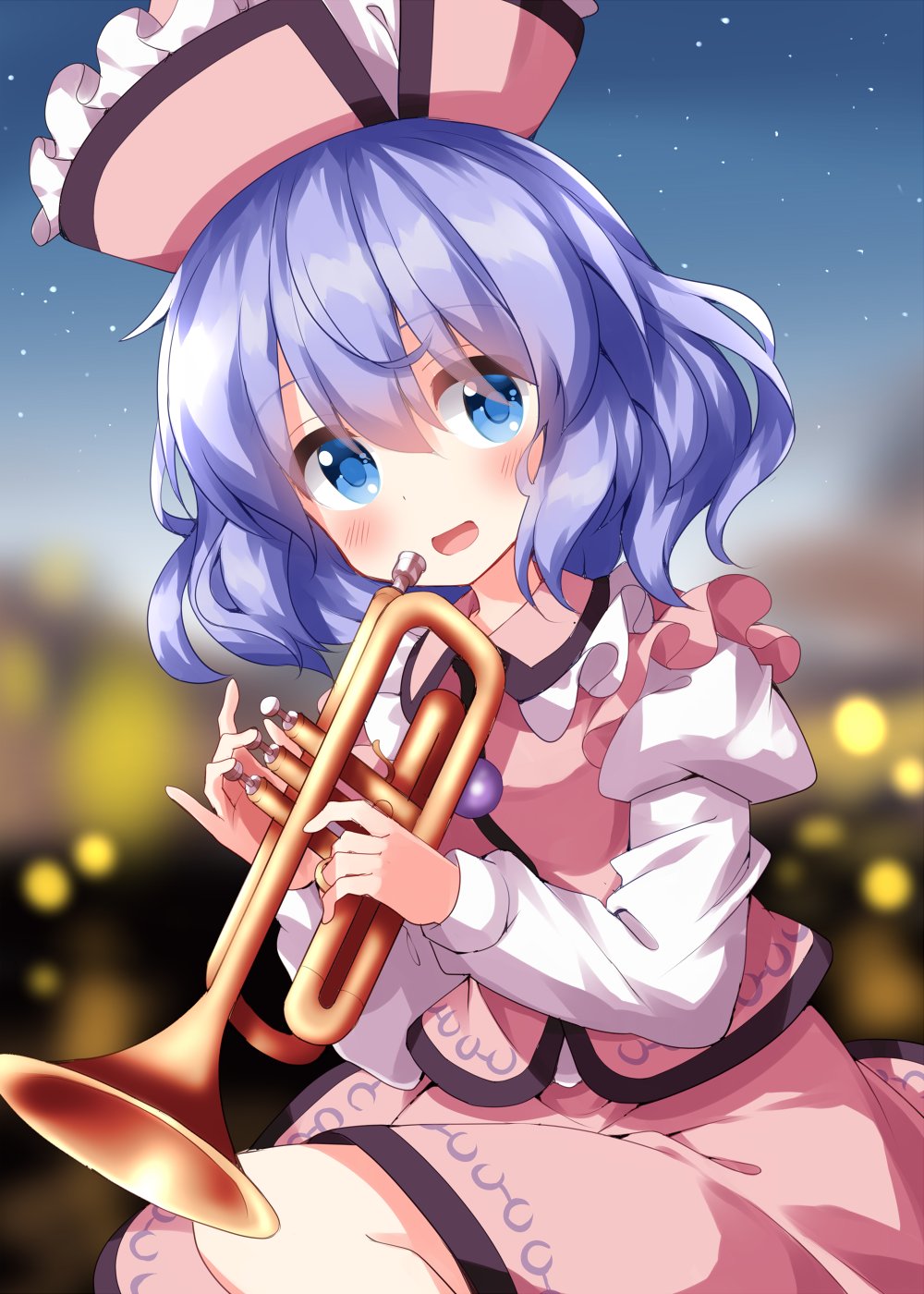 1girl blue_eyes blue_hair blush commentary_request happy highres holding holding_instrument instrument juliet_sleeves light_blue_hair long_sleeves looking_at_viewer medium_hair merlin_prismriver one-hour_drawing_challenge open_mouth outdoors pink_headwear pink_skirt pink_vest pointy_hat puffy_sleeves ruu_(tksymkw) shirt skirt skirt_set solo touhou trumpet vest white_shirt