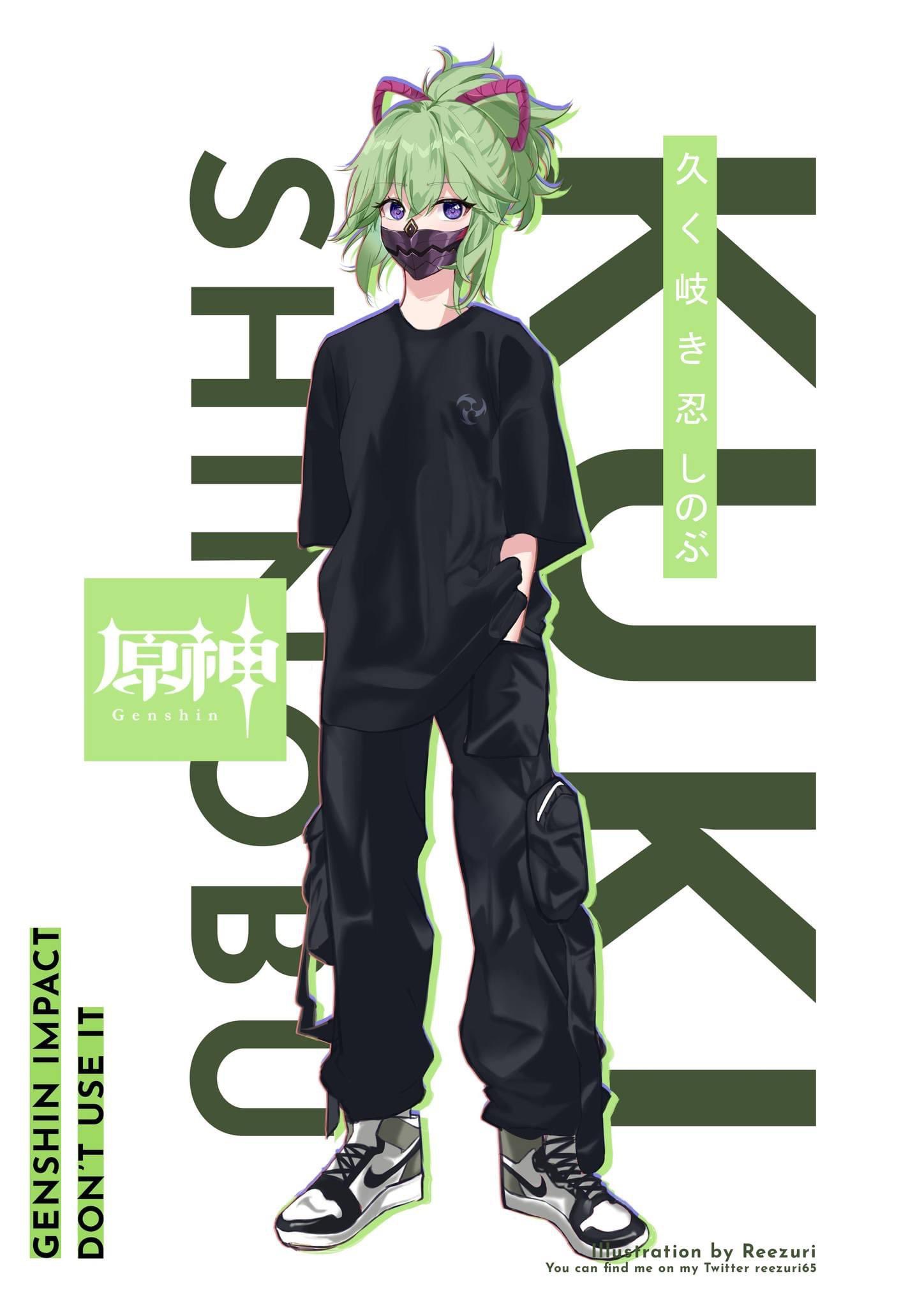 1girl black_mask black_pants black_shirt breasts genshin_impact green_hair hair_between_eyes highres kuki_shinobu mask mouth_mask nike pants ponytail reezuri65 shirt shoes small_breasts solo violet_eyes white_footwear