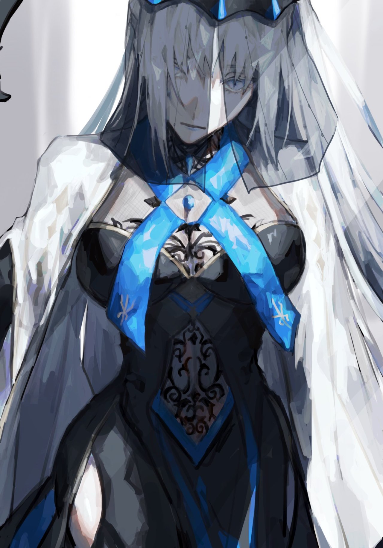 1girl ass black_dress blue_eyes breasts dress fate/grand_order fate_(series) full_body highres holding holding_weapon long_hair looking_at_viewer math_fk05 morgan_le_fay_(fate) non-web_source pale_skin solo weapon white_hair