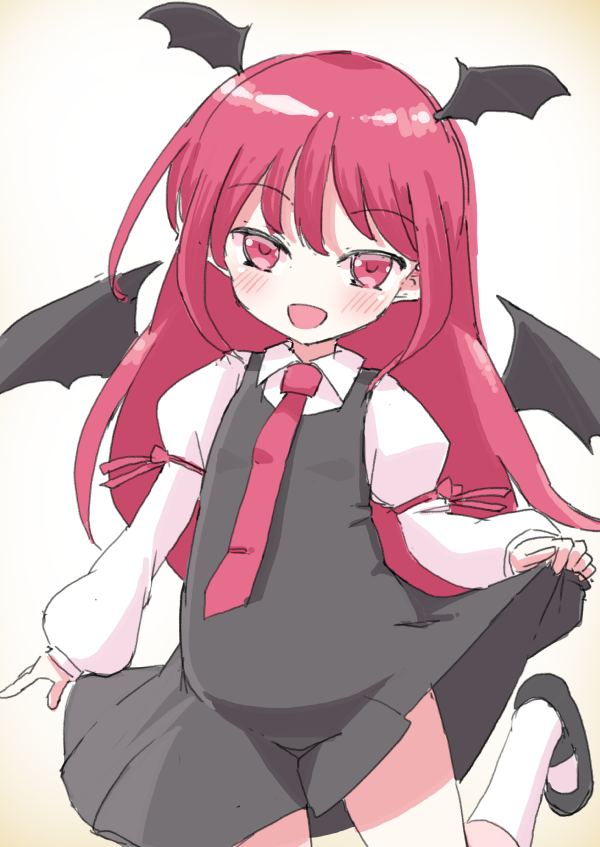 1girl bat_wings clothes_lift hamaburicchi head_wings juliet_sleeves koakuma lifted_by_self long_hair long_sleeves necktie open_mouth puffy_sleeves red_eyes redhead shirt shoes skirt skirt_hold skirt_lift solo touhou wings