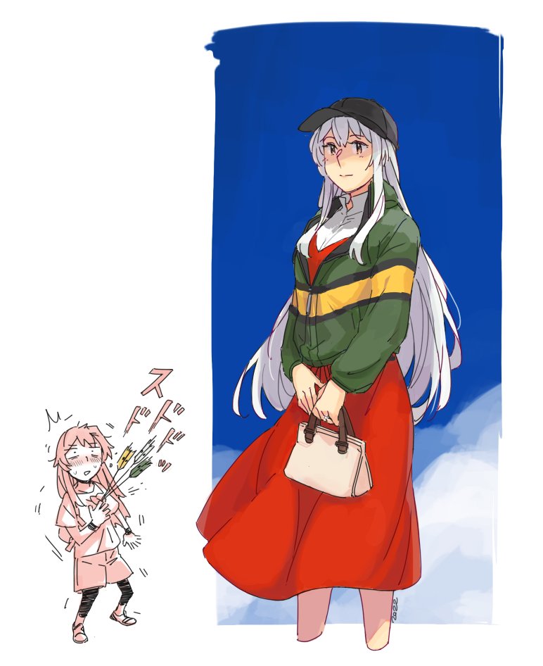 2girls bag baseball_cap black_headwear blush brown_eyes closed_mouth collared_shirt cropped_legs dress green_jacket hair_between_eyes hat holding holding_bag jacket kantai_collection long_hair long_sleeves multiple_girls red_dress shirt shoukaku_(kancolle) weidashming white_hair white_shirt zuikaku_(kancolle)