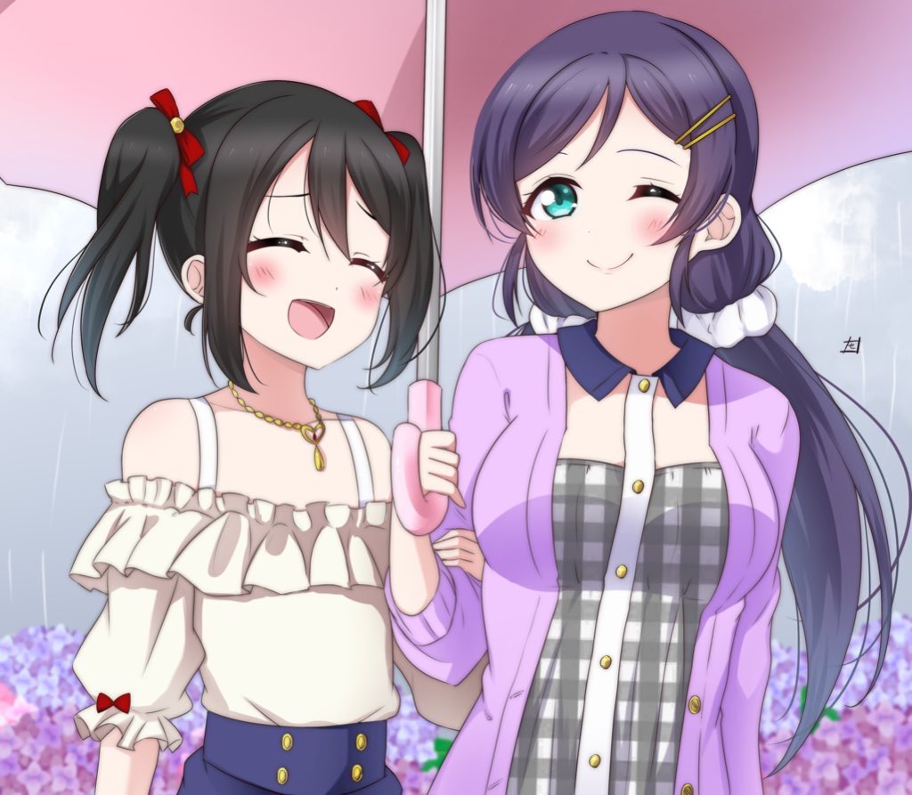 2girls aqua_eyes bangs black_hair blush closed_mouth dress hair_ornament hair_scrunchie hairclip hand_on_another's_arm holding holding_another's_arm holding_umbrella jewelry long_hair long_sleeves looking_at_another love_live! love_live!_school_idol_project low_twintails multiple_girls necklace off-shoulder_shirt off_shoulder one_eye_closed open_mouth plaid plaid_dress purple_hair rain scrunchie shared_umbrella shirt signature smile swept_bangs toujou_nozomi twintails umbrella white_scrunchie white_shirt yazawa_nico yuri zero-theme