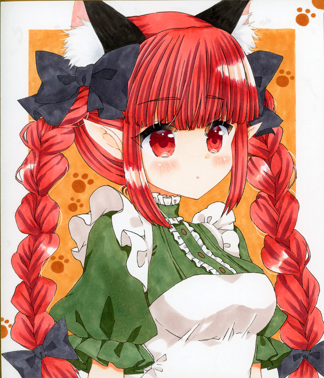 1girl adapted_costume animal_ears bangs black_bow blunt_bangs bow braid cat_ears center_frills dress expressionless extra_ears frills green_dress hair_bow highres kaenbyou_rin long_hair pointy_ears puffy_sleeves red_eyes redhead shikishi solo touhou traditional_media twin_braids upper_body zenra1112