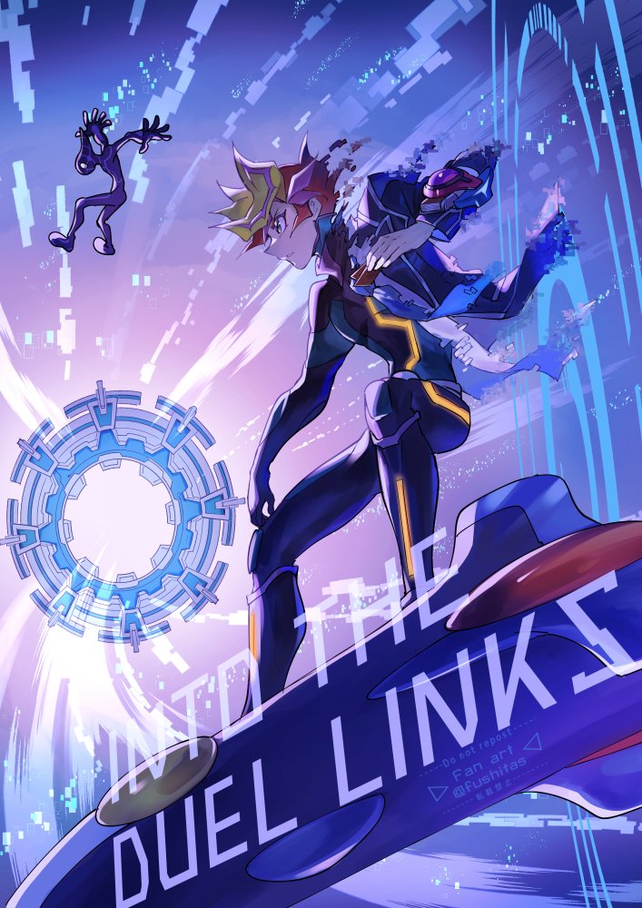 1boy ai_(yu-gi-oh!) blonde_hair bodysuit card digital_dissolve duel_disk english_text fujiki_yuusaku fushitasu green_eyes holding holding_card male_focus playmaker riding school_uniform solo_focus spiky_hair transformation yu-gi-oh! yu-gi-oh!_duel_links yu-gi-oh!_vrains