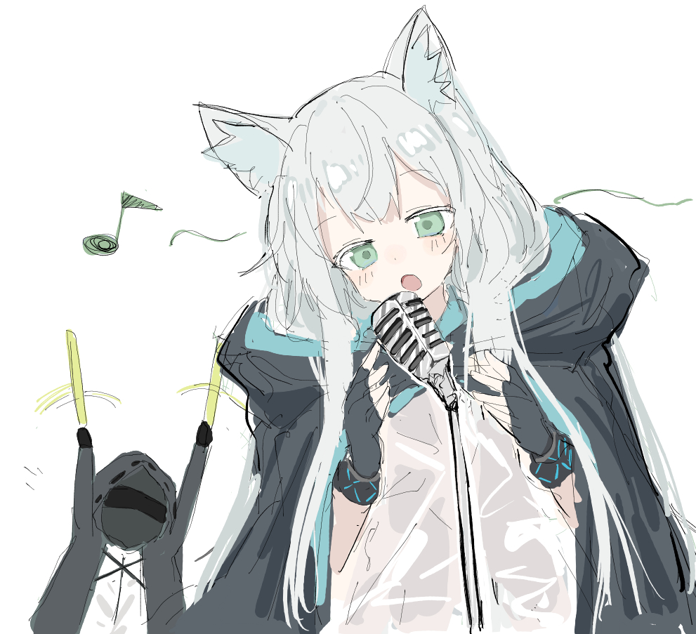 1girl 1other :o animal_ear_fluff animal_ears arknights arms_up bangs black_gloves black_jacket cat_ears doctor_(arknights) dress eighth_note fingerless_gloves gloves glowstick grey_hair hood hood_down hooded_jacket jacket leaning_to_the_side microphone microphone_stand musical_note open_clothes open_jacket open_mouth rosmontis_(arknights) sanma_(tabet_) shirt simple_background white_background white_dress white_shirt