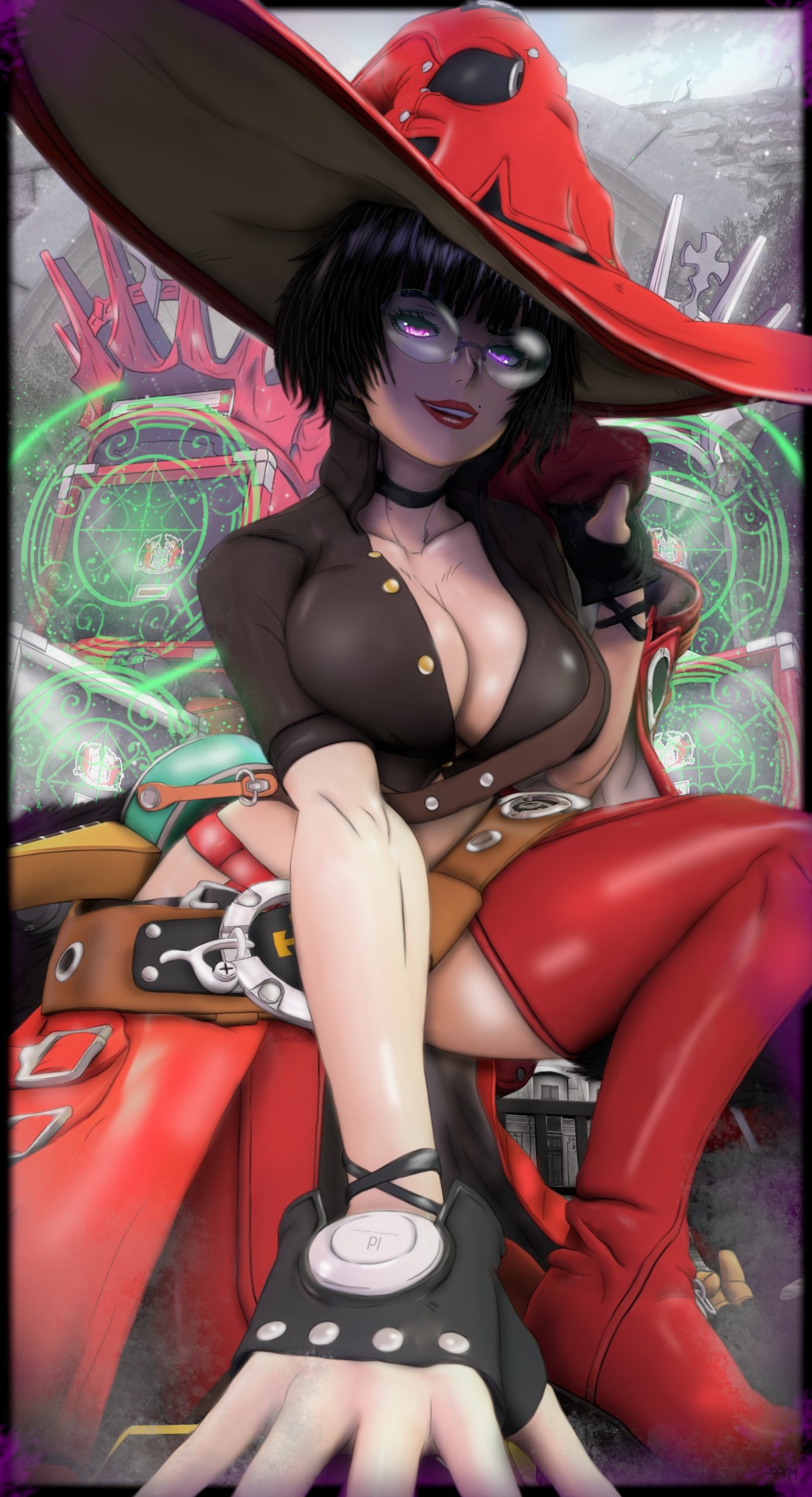 1girl absurdres black_hair breasts electric_guitar guilty_gear guilty_gear_strive guitar hat highres i-no instrument red_headwear short_hair sunglasses witch_hat